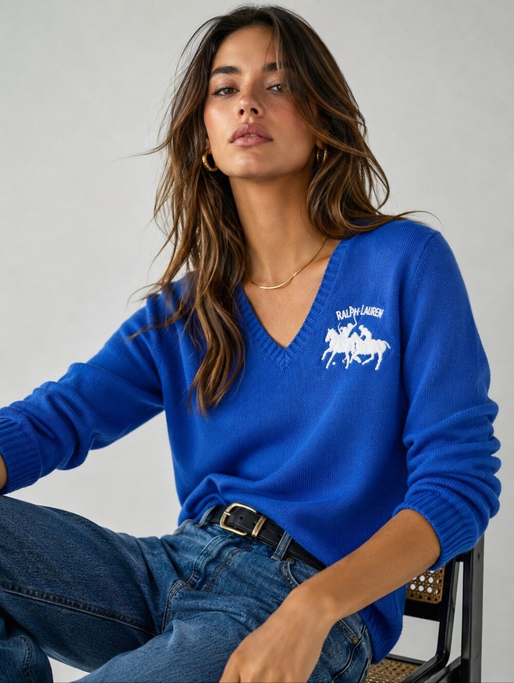 NWT RALPH LAUREN SPORT Big Pony Embroidered Polo Match Logo Blue V-Neck Sweater